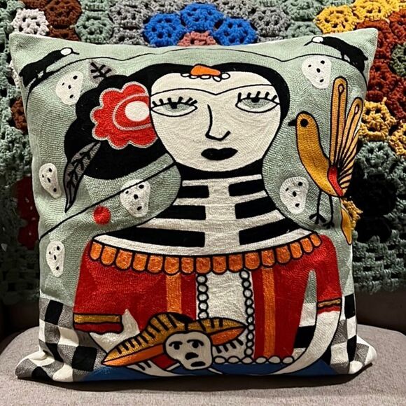 Frida Kahlo Embroidered Day of the Dead Boho Throw Pillow Cover - Picture 1 of 3